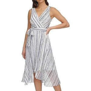 DKNY Blue White Faux Wrap Midi Dress Sz 8
